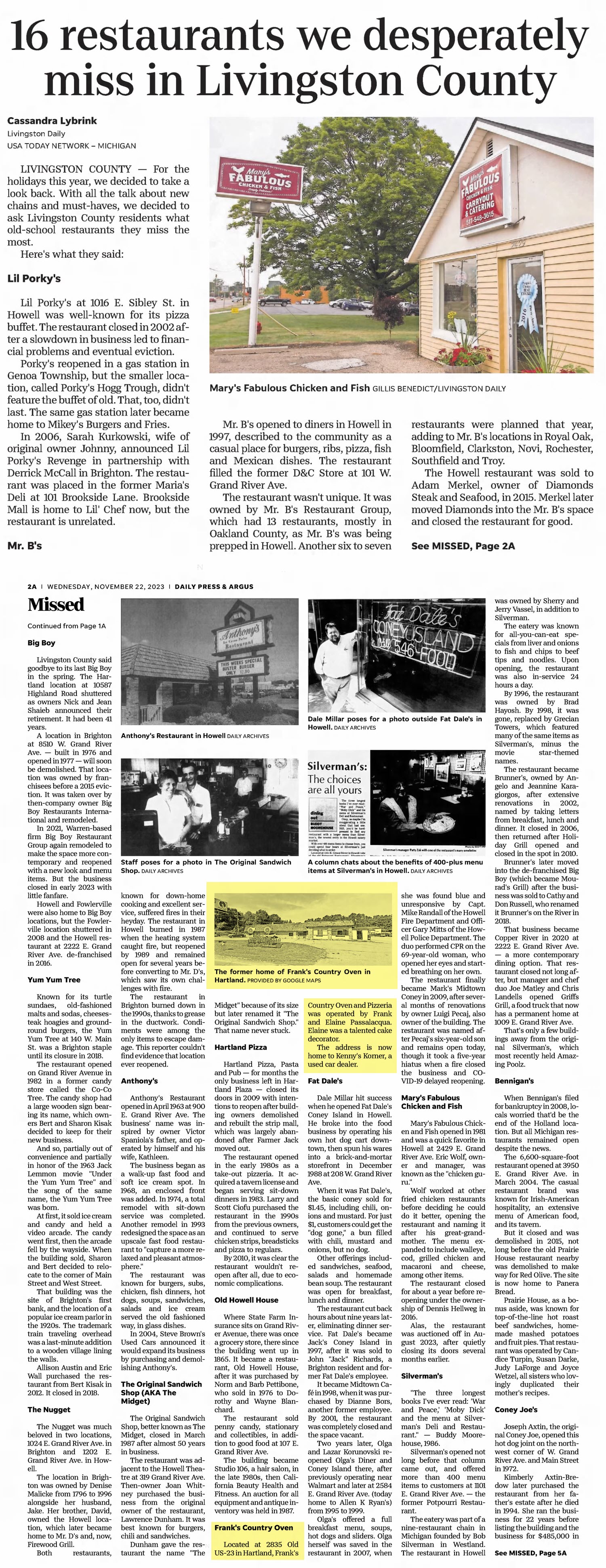 Pennys Restaurant (Dicks Lunch, Franks Country Oven) - Nice Article On Old Livingston County Restaurants - Nov 22 2023 Article (newer photo)